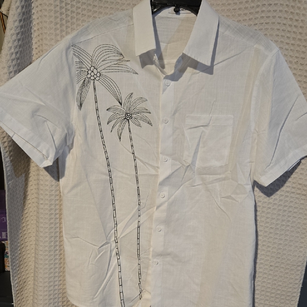 Tropical White Men's Shirt with Palm Embroidery
